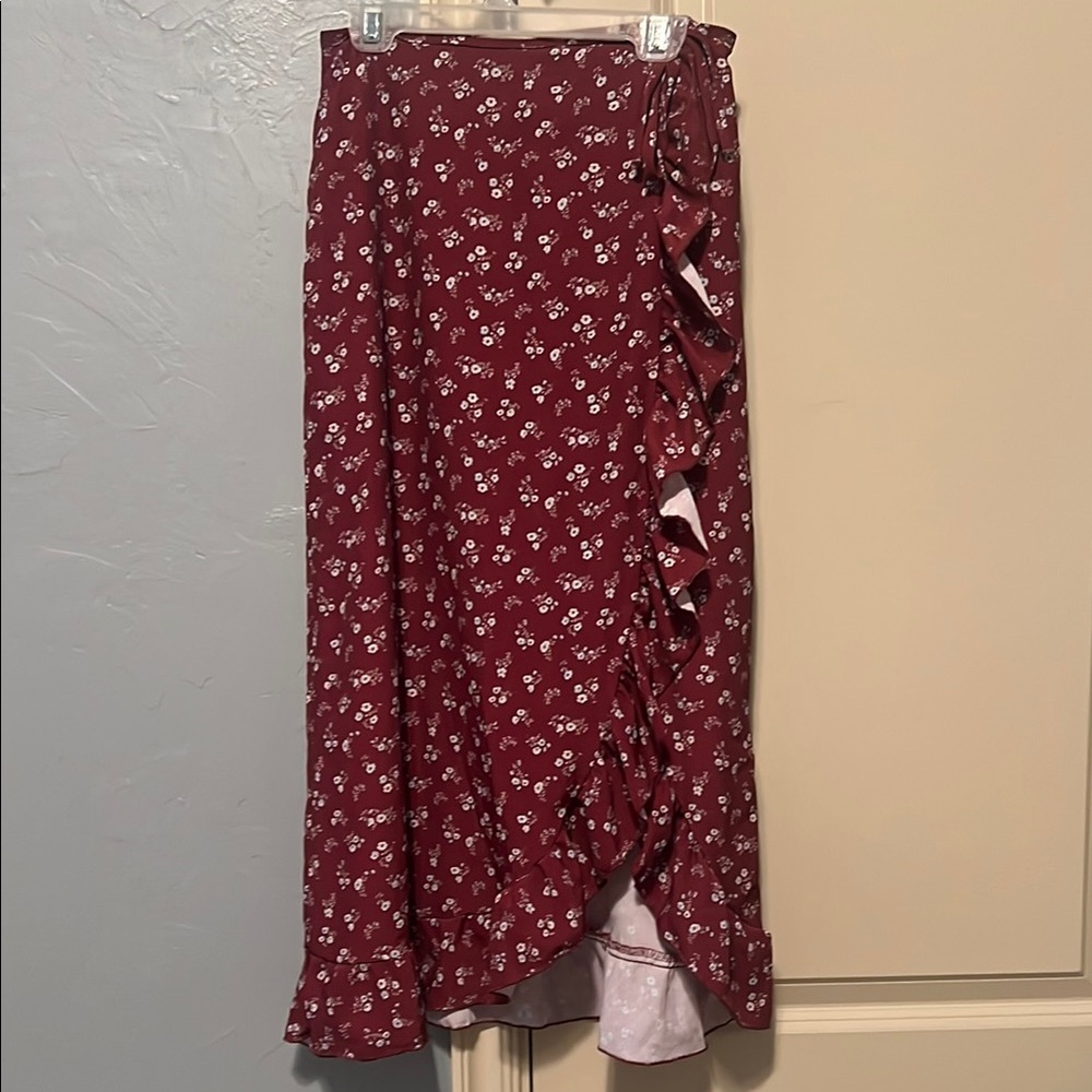 Altar'd State Red Midi Wrap Skirt with Ruffles